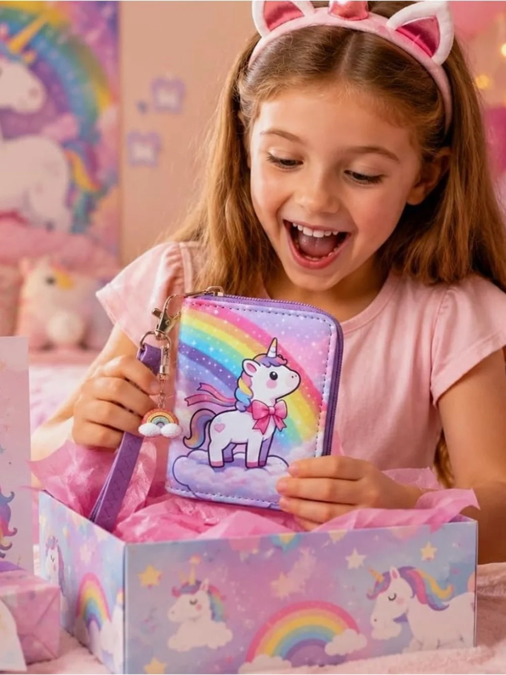 Purple Kids Unicorn Wallet with Rainbow Charm - Cute Wristlet